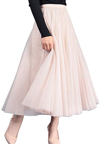 FEOYA Damen Tüllrock Langer Mesh Rock Flare Tüll Tütü Midi Rock Elegante Plissee Maxirock