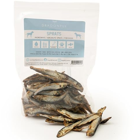 Dragonfly Products Sprats for Dogs & Puppies, Natural Whole Fish Treat | Omega 3 & 6, hypoallergenic, grain & gluten free, training reward, from 12 weeks, 500g