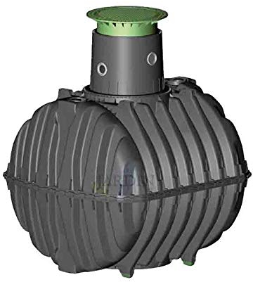 Serbatoio in polietilene interrato da 2700 litri. Progettato specificamente per il recupero dell'acqua piovana. Lunghezza 208 cm, Larghezza 157 cm, Altezza 201 cm.