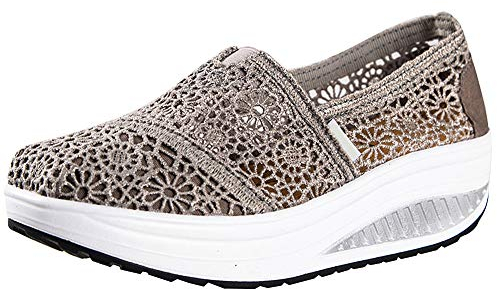 rismart Damen Häkeln Lace Spitze Schlüpfen Keil Turnschuhe Komfort Casual Gehen Schuhe(Grau,38 EU)