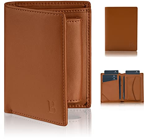 LOGAN & BARNES Mini Geldbörse Leder Herren Mit TÜV Geprüftem RFID Schutz - Kleines Portemonnaie Hochformat - Dünne Brieftasche (Cognac, Mit Münzfach)