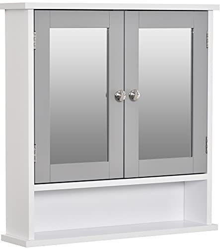 kleankin Mirror Cabinet Wall Mounted with Double Mirrored Doors, Hanging Cabinet with Cupboard and Shelf, Bathroom Wall Storage Organiser, Grey
