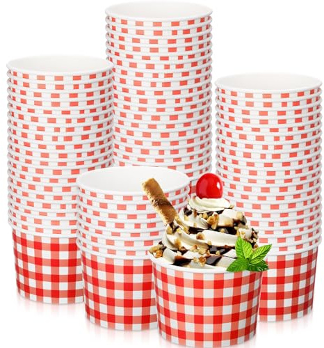 Sieral 100 Pack 9 oz Gingham Ice Cream Paper Cups Bowls, Red | Disposable Picnic Dessert Bowl, Buffalo Plaid, Snack Checkered, Hot Cold Food, Kitchen Party Favors, Bulk Supplies