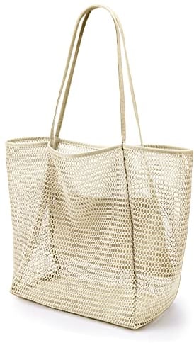 KALIDI Mesh Strandtasche Groß mit Reißverschluss Innentasche, Umhängetasche Damen Badetasche, Faltbare Handtaschen Einkaufstasche Beach Tote Bag für Strand Familie Shopper Reise - 38x35x16cm