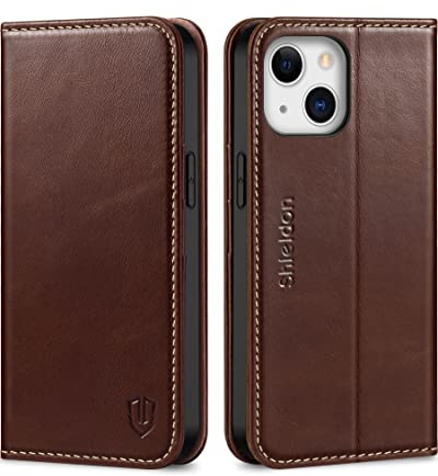 SHIELDON Hülle für iPhone 13 5G Schutzhülle [Echtleder] [RFID-Sperre] [Lifetime Garantie] [Kartenfach] [Magnet], TPU Klapphülle Kompatibel mit iPhone 13 6.1 - Retro Kaffee