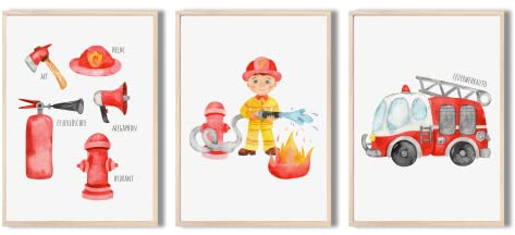 MeinBaby123® Bilder Kinderzimmer | 3er Set DIN A4 Poster Set Feuerwehr | Feuerwehrauto, Feuerwehrmann | Deko Kinderzimmer Junge | Babyzimmer Deko | Wandposter Premium (Feuerwehr V3)