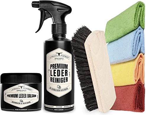 Sparset Lederreiniger + Lederbalsam + 4 Mikrofasertücher + Polsterbürste zum Ledersitze reinigen und pflegen | Professionelle Sitz-Aufbereitung mit anhaltender Tiefenwirkung URBAN Forest 500ml