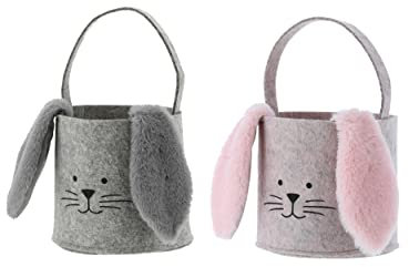 2 wunderschöne Geschenktaschen Hase aus Filz mit Kuschelohren Geschenkverpackung zu Ostern Osterkorb (Grau/Rosa)