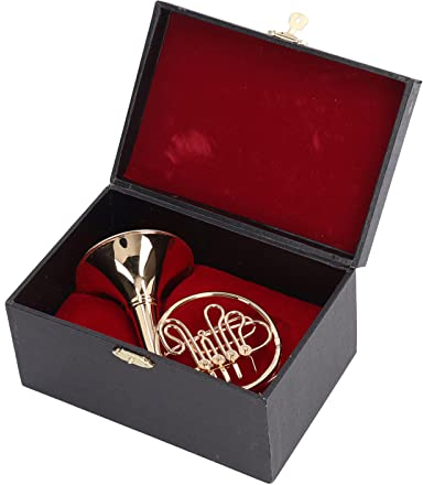 Buachois Miniatur Waldhorn Modell Deko mit Basis und Box, 12cm Gold Messing Mini Puppenhaus Musikinstrument Handwerks Ornament für Heimbüro Dekoration Abschluss Tag Geschenk