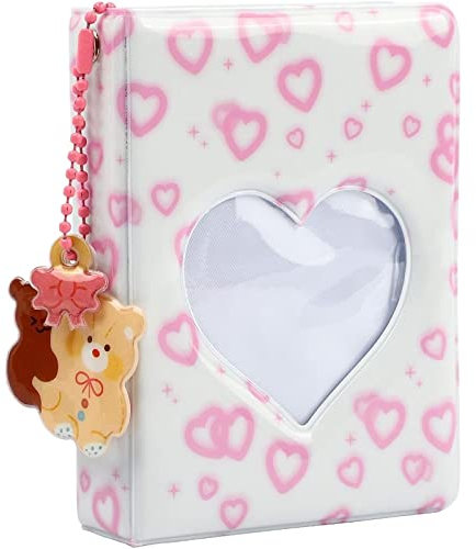 runrayay 3 Zoll weiße Mini-Album, rosa Herzen Leere Karten-Arbeitsmappe Kpop Foto-Kartensitze mit Hängematte 40 Taschen