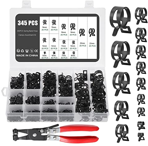 Knpwer 345 Stück Schlauch Federklemme 5-22mm Kraftstoffleitung Schlauchschellen Schlauchschelle Clip Schlauchschellen Verschluss Kraftstoffleitung Schelle,Mit Einer Schlauchklemme Zange