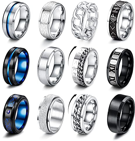 LOLIAS 12 Stück Edelstahl Ringe Herren Silber Blauen Schwarz Matt Finish Poliert Band Herrenring Kitten Spinner Ring Flaschenöffner Ringe Ehering Verlobungsringe Vintage Fidget Ring für Männer Damen