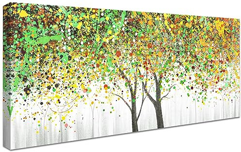 Arbre de vie jaune vert Cadre en bois Grande Impression sur Toile Peinture Affiche Decoration Murale Paysage Moderne Abstrait Image sur Toile Tableau Decoration Murale Salon Chambre 50x120cm/20x48Inch