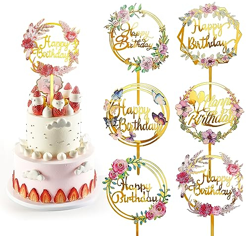 Rumyve 6 Pcs Happy Birthday Cake Decorations for Various Birthday Parties - Multi-color Acrylic Cupcake Toppers