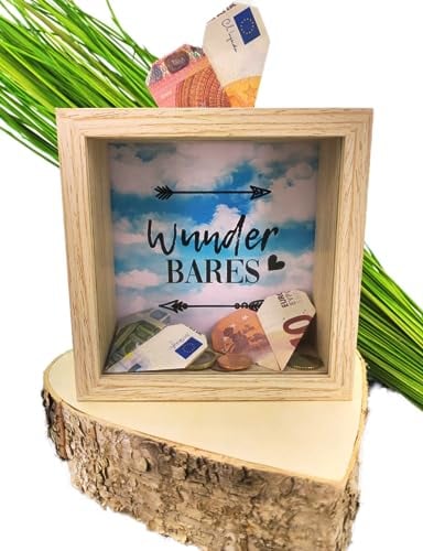 MC-Trend Tirelire 12 en 1 douze inserts à changer DIY 14,5 x 14,5 x 6,5 cm en bois/verre pour vacances, maison, tatouage, anniversaire, cadeau, mariage, bébé, enfant, rentrée des classes, tirelire,