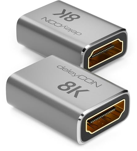 deleyCON 2 Stück 8K HDMI 2.1 Kupplung (48G, Ultra Highspeed) Adapter Verbinder 8K@60Hz 4K@120Hz 2K@144Hz/165Hz eARC HDCP 2.3/2.2 DTS:X für HDR Dolby Atmos TV PS5 Xbox Soundbar Monitor
