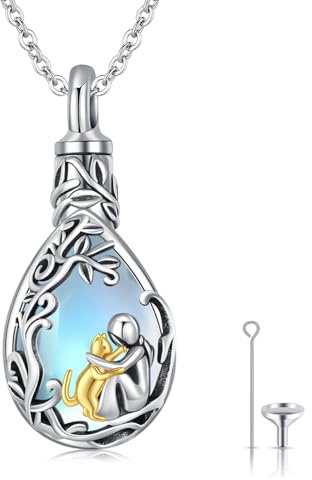 CHENGHONG Urnen Kette für Asche 925 Sterling Silber Mondstein Katze Schmuck für Asche Andenken Katzen Anhänger Geschenke für Katze Damen Frauen…