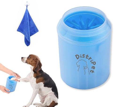 DistriPet Limpiador Patas Perro, Limpia Patas Perro, Cepillo de Limpieza de Silicona Portátil y Desmontable para Limpiar los Pies Sucios de Perros. Incluye de regalo una Toalla de Microfibra (Azul)