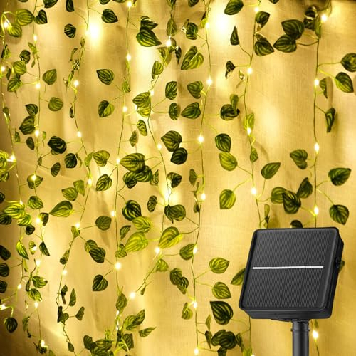 KASZOO Efeu Girlande mit 100 LED Solar Lichterkette, 10M/32Ft 8 Modi, Wasserdicht Solar Lichterkette Aussen für Garten, Balkon, Hochzeit, Zaun, Camping, Weihnachten, Dekorationen