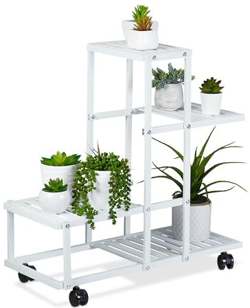 Relaxdays Scaffale Portapiante, 4 Ripiani Metallo, Portafiori e Portavasi, Mobile a Rotelle, Fioriera in Acciaio, Bianco, 60,5 x 61,5 x 26 cm