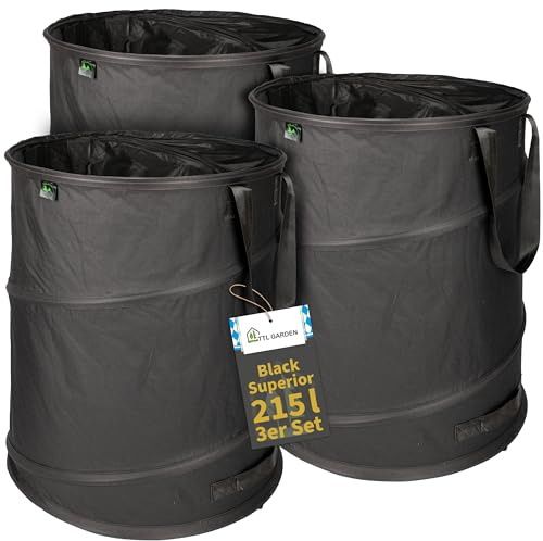 TTL Garden BLACK SUPERIOR 3x 215L Pop Up Gartensack - DOPPELTER BODEN 260gsm extra stabil 600D Oxford 3er Set 215 Liter Gartenabfallsack Laubsack faltbar Grünschnitt Garten Abfall selbstaufstellend