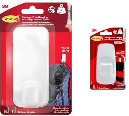Command Utility Hook, X-Large for Heavyweight - 1 Hook in White and 2 Adhesive Strips for Indoor & Jumbo Utility Hook, Pack of 1 Hook and 4 Adhesive Strips, White - Damage Free Hanging - Hold