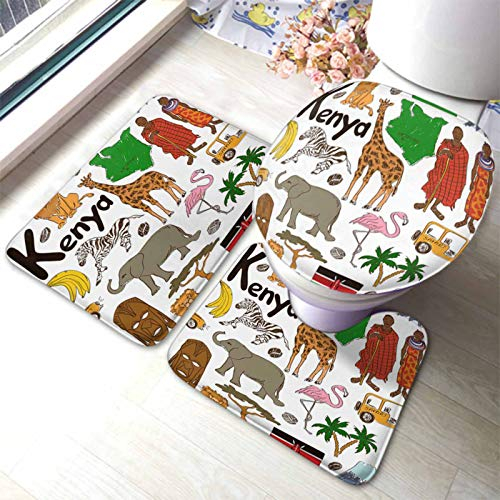 Set 3 Teilig Badvorleger Tiere Afrika Kenia Mensch Und Tier Elefant Zebra Giraffe Löwe rutschfeste Fußmatte Set Waschbar Weiche Badematte 3-TLG, Für Spa, Wohnzimmer