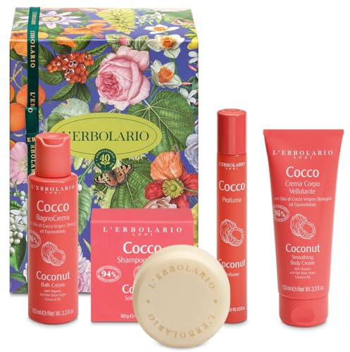 Erbolario - Confezione Regalo COCCO - In Scatola Originale - 1 Profumo da 15 ml + 1 Bagnoschiuma da 100 ml + 1 Crema Corpo 100 ml + 1 Shampoo Solido 60 gr