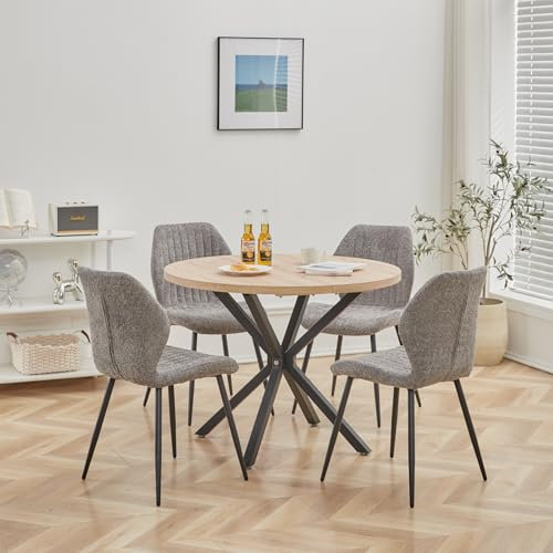 DEYARNA HOME Essgruppe 5-Teilig, 100cm Runder Esstisch und 4 Leinen-Esszimmerstühle, Esstisch und Stühle für 4 Personen, 4 Stühle & Tisch für Küche, Esszimmer und Wohnzimmer (Helle Holzfarbe+Grau)