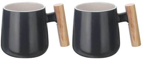 sourcing map 2pcs Ceramic Coffee Mug 12.85 Oz Simple Wooden Handle Large Coffee Mugs Handmade Ceramic Tea Cup for Latte Coffee Tea Soup for Office Home and Gifts for Women and Men, Black