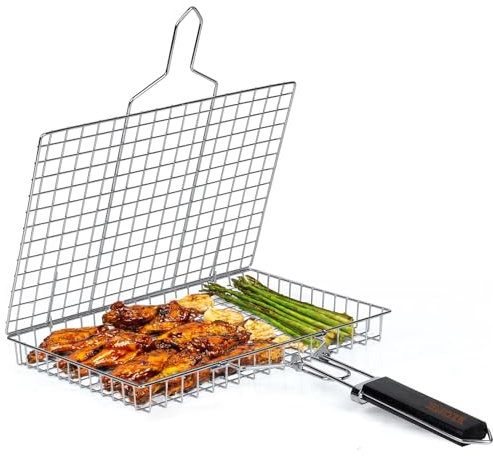 Cesta de Parrilla para Barbacoa (más profundo) | 304 Acero Inoxidable, Plegable & Portátil | Con Mango Extraíble | Ideal para Pescado, Verduras, camarones y filetes