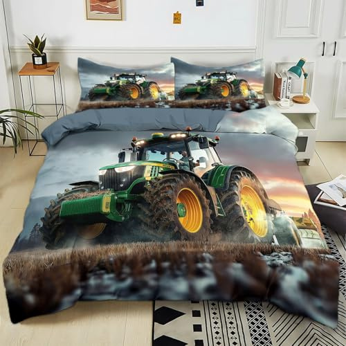 Generisch Bettwäsche-Sets 155x220 cm Traktor Grün Polyester Baumwolle Bettbezug Set mit 2 Kissenbezug, 3-Teilig Bettwäsche für Schlafzimmer Dekorieren, Weich Bügelfrei