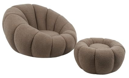 cosyou Sessel mit Hocker weicher Teddystoff - runder Fernsehsessel für Wohnzimmer & Schlafzimmer, Relaxsessel drehbar für entspannte Abende beige weiß rosa - jetzt Farbe wählen (Braun)