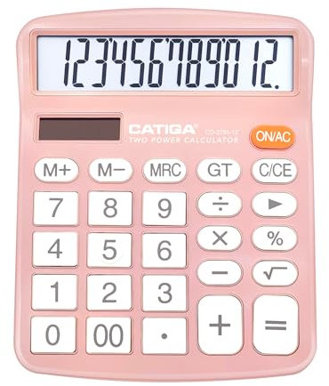 CATIGA Calculadora de Escritorio de 12 Dígitos con Pantalla LCD Grande y Botón Sensible, Doble Alimentación Solar y Batería, Función Estándar para Oficina, Hogar, Escuela, CD-2786