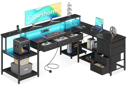 Coleshome 179.5x135.5 cm Corner Desk with 7 File Drawers, L Shaped Desk with 2 Power Outlets & LED lights, Home Office Desks with Storage Shelves, Reversible Computer Table with Monitor Shelf, Black