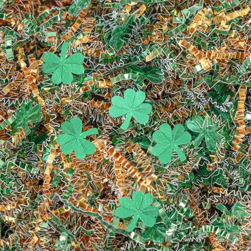 Gloreyan 250 g de papier froissé pour la Saint-Patrick, papier raphia vert métallisé doré pour emballage cadeau, remplissage de panier, anniversaire, mariage, fête