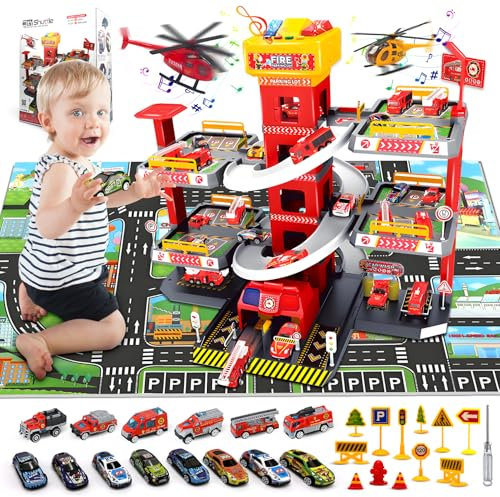 RoserRose Garaje de 5 Plantas Coches Juguete, Pista de Coches para Niños con 14 Coches, 2 Helicópteros, Ascensor, Luces, Sonido y Gran Mapa, Parking Coches Juguete 3 4 5 6 7 8 Años, Fuego