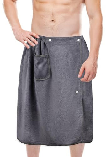 Maxmoc Kilt per sauna da uomo, regolabile, per sauna, ad asciugatura rapida, in microfibra, con bottoni a pressione e tasche, per palestra, doccia, sauna (70 x 140 cm, grigio)