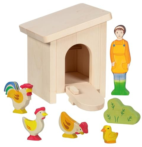 Holztiger 6557 – Kleiner Stall mit Hühnern aus Holz – liebevoll gestaltetes Spielset mit Bäuerin, Tieren, Stall und Busch