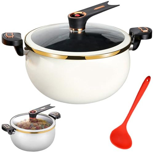 Micro Pressure Cooker, Mini Pressure Cooker, 8L Fast Heating Pot with Lock Handles, Non-stick Stockpot with Standable See-Through Lid and Spoon for Gas, Induction, Electric Stoves, White