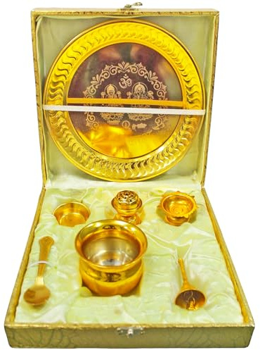Home Genie Brass Pooja Thali Set with Golden Polish | Complete Hindu Puja Kit with Plate, Kalash, Diya, Bell, Spoon & Incense Holder | Gift Box for Temple & Festivals