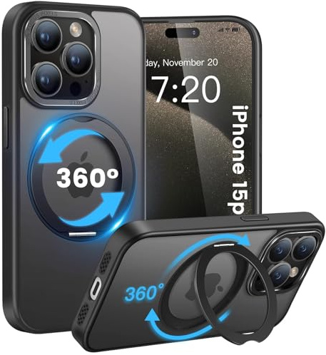 HuwaiH handyhülle für iPhone 15 pro Hülle, [360° Magnetischer Ring Ständer ] [mit Mag-Safe] [Transluzente Matte] Stoßfeste Kratzfeste Schutzhülle für iPhone 15 pro (Schwarz)