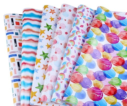 Liiqin 6 Blatt Geschenkpapier für Geburtstag,50×70cm Geburtstagsgeschenkpapier Kinder,Regenbogen,Luftballon,Sterne,Geschenkpapier für Mädchen Jungen,Wrapping Paper