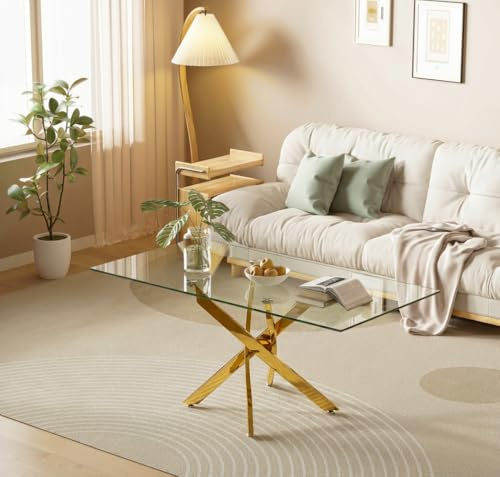 Glass Coffee Table with Gold Chrome Legs for Living Room, Home & Office | Modern rectangle tea table with tempered glass top and crossed legs, ideal for offices and contemporary home spaces