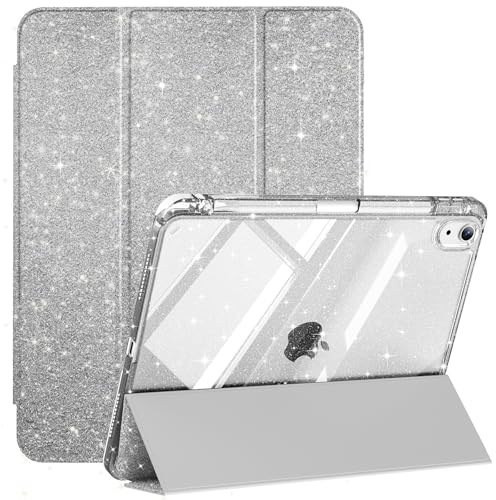 Lsmmpoba Glitzer Hülle für iPad Air 11 Zoll M4/M3/M2 & Air 5./4. Gen 10,9 | Mit Stifthalter, Schlankes stoßfestes, Transparenter Glänzende Hartschale Rückseite, Glitzer Silber
