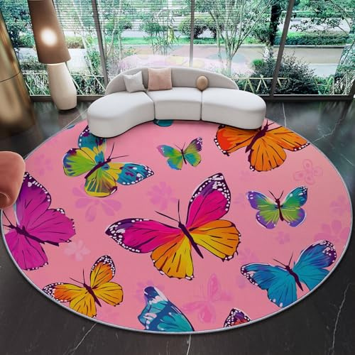 Runder Teppich Für Wohnzimmer Schlafzimmer – Weich, Waschbar & rutschfest, Perfekt Als Wohnzimmerteppich Oder Kinderzimmerteppich, Fantasie Schmetterlinge Fliegende Insekten 150 cm Rosa