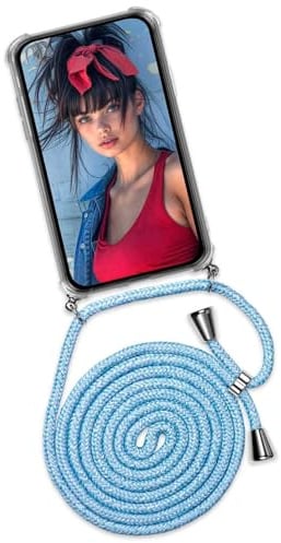 ONEFLOW Handykette für iPhone 17 Pro Hülle mit Band, Handyhülle mit Kette abnehmbar, Handyband zum Umhängen, Handy Umhängeband Lange Handykordel, Twist Case – Hellblau Jeans