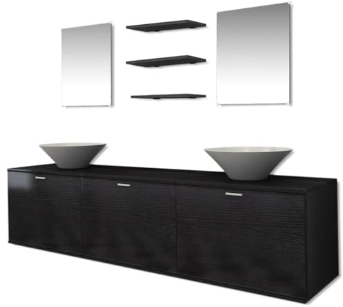 HFXHIJXQ 8-teiliges Schwarzes Badezimmer-Set, 180 cm Doppelwaschtisch, Holzwerkstoff, Keramik-Aufsatzwaschbecken, für große & kleine Bäder