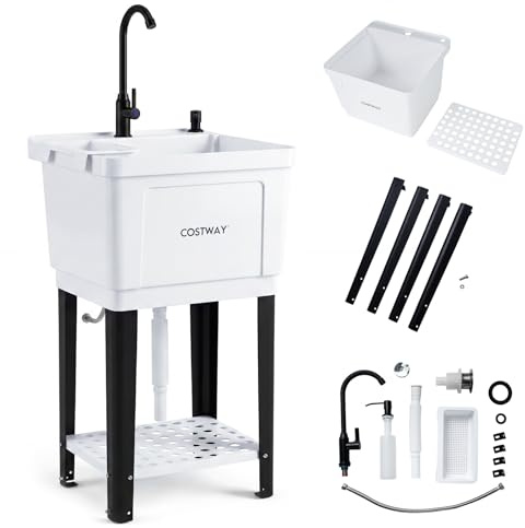 COSTWAY Ausgussbecken, Waschbecken mit Ablage, Abtropff & 360° Wasserhahn, inkl. Abflussgarnitur, Spülbecken für Garage Garten Waschküche, Küchenspüle aus Kunststoff Metall, 50,5 x 48 x 120,5 cm, Weiß