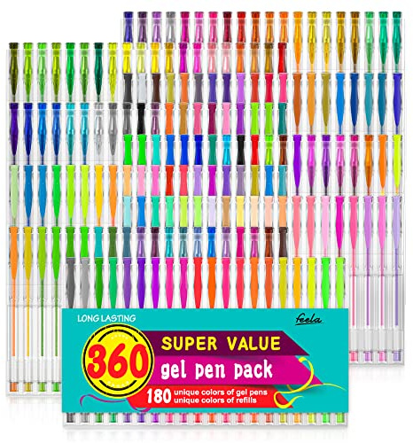 feela 360 Farben Gelstifte-Set, 180 einzigartige Gelstifte plus 180 Nachfüllpackungen für Erwachsene, Malbücher, Zeichnen